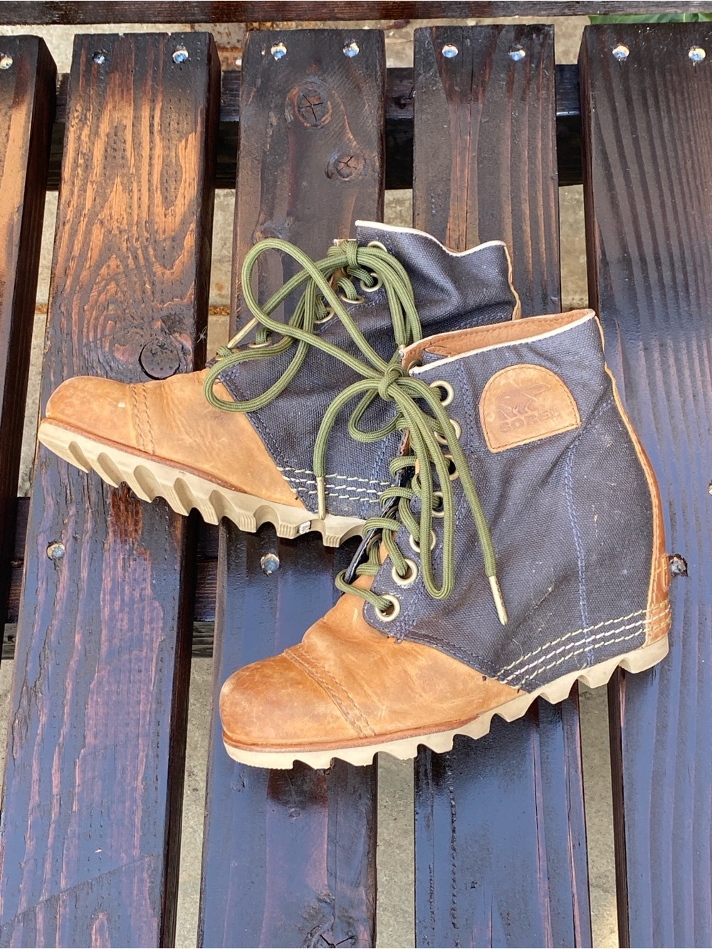 SOREL 1964 Premium Wedge Ankle Boots Brown Leather Blue Jean Canvas Women’s 7
